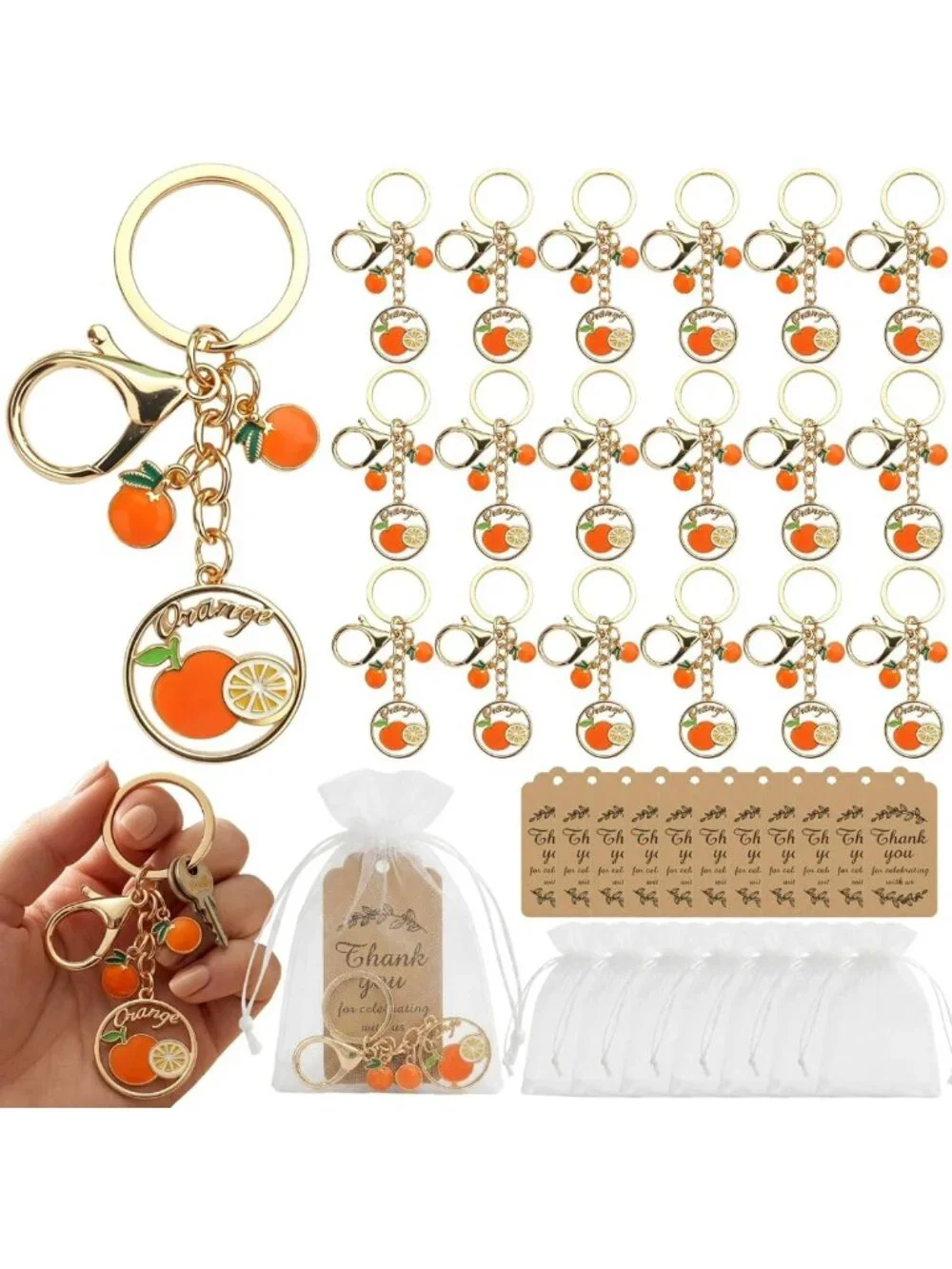 20 Orange Fruit Keychains with Thank You Cards & Gift Bags - Perfect for